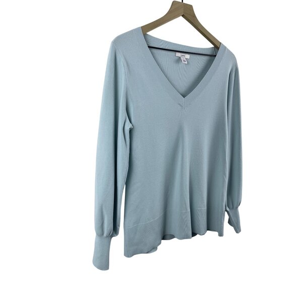 Lewit Women's Size Large Stretch Knit Balloon Bishop Sleeve V Neck Sweater Blue - Picture 4 of 10